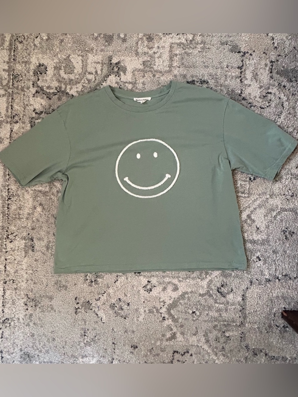 Happy Face Sage Green Crewneck Slight Crop Tee 100% cotton